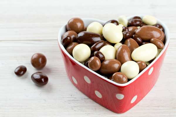 Chocolate-Covered Nut Day. Heart-shaped bowl of white, dark and milk chocolate covered nuts