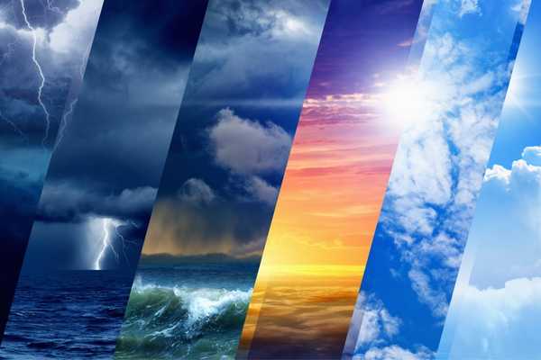 National Weatherperson's Day. Photos of different types of weather laied out in diagonal stripes