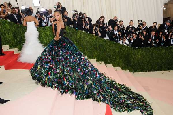 Lady with peacock train dress flowing over steps in front of photographers for Met Gala