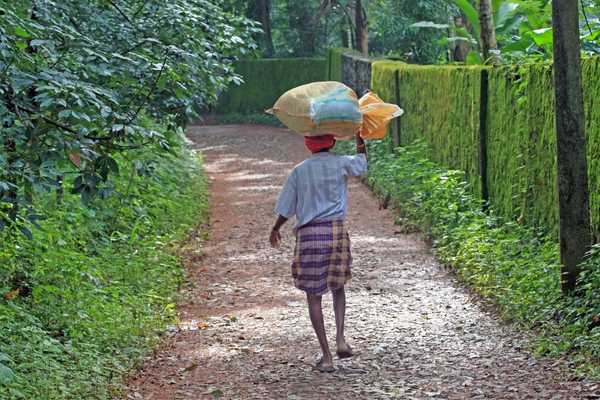 Back of a girl carrying a sack on her head for World Day Against Child Labour