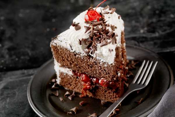 Slice of black forest gateau on a plate for Black Forest Gateau Day