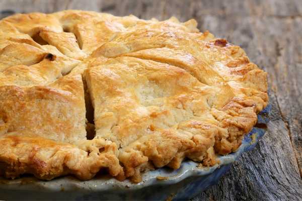 Shortcrust pastry pie sitting on a worktop for British Pie Week