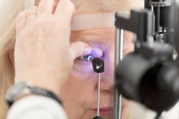 Older lady being examined by an optician for World Glaucoma Day