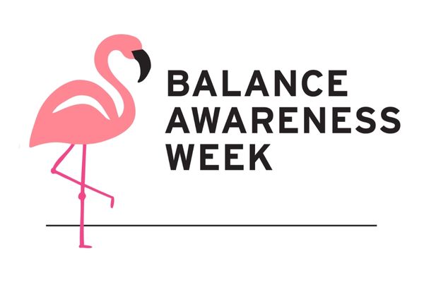 Graphic of a flamingo and text reading "Balance Awareness Week" for Balance Awareness Week