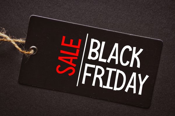 Black label with red and black text reading "Sale, Black Friday" for Black Friday