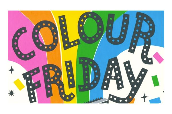 Multi-coloured striped background with black text reading "Colour Friday" for Colour Friday