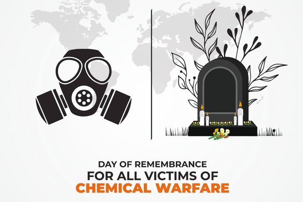 Cartoon image of a gask mask and gravestone with text reading "Day of Remembrance for all victims of chemical warfare"