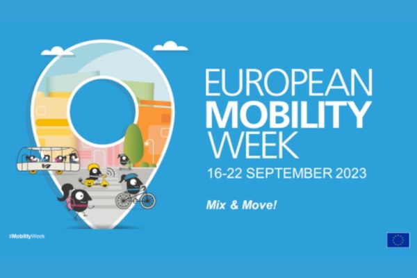 Graphic showing cartoon characters walking and travelling by foot, bike, bus and scooter. Text reads "European Mobility Week 16-22nd September Mix and Move" for European Mobility Week