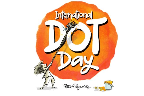 Graphic of girl painting an orange circle with text "International Dot Day" for International Dot Day