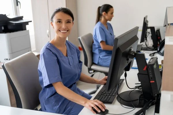 Two nurses smiling and working on computers for International Week of Happiness at Work