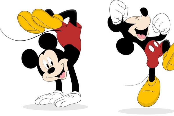 Two cartoons of Mickey Mouse, in one he is doing a handstand and in the other he is punching the air for Mickey Mouse's birthday.