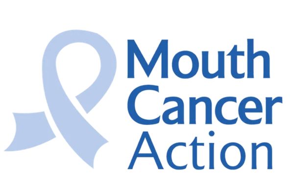 Light blue ribbon with text reading "Mouth Cancer Action" for Mouth Cancer Action Month