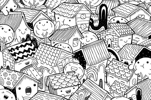 Array of black and white doodled houses for National Doodle Day