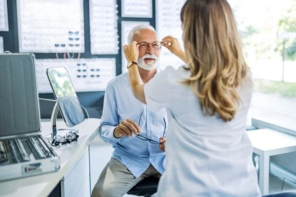 Optician placing glasses on a man for National Eye Health Week