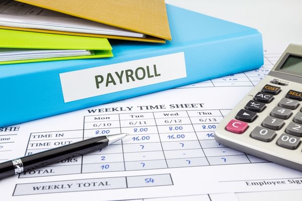 Calculator, desk calendar and pen with a file marked "payroll" for National Payroll Week