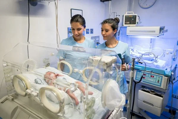 Two nurses looking at baby in an incubator for Neonatal Nurses Week