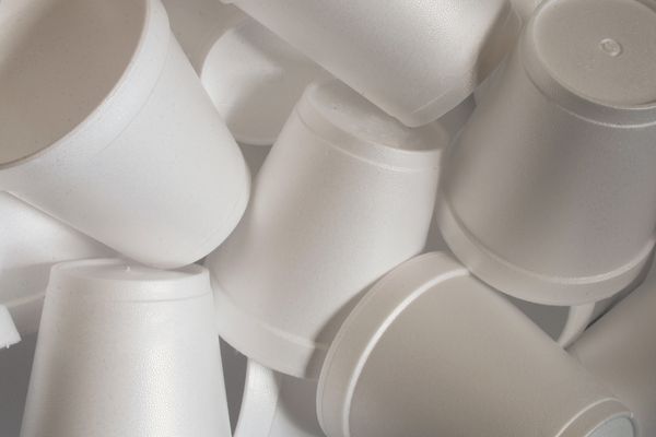 Pile of white polystyrene cups for No Disposable Cup Day