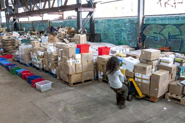 Person moving many cardboard boxes for Social Enterprise Day