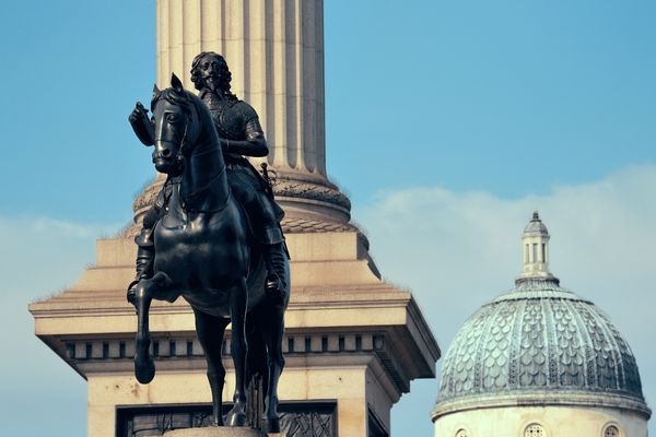 Statue of a man on a horse in Trafalgar Square for Trafalgar Day