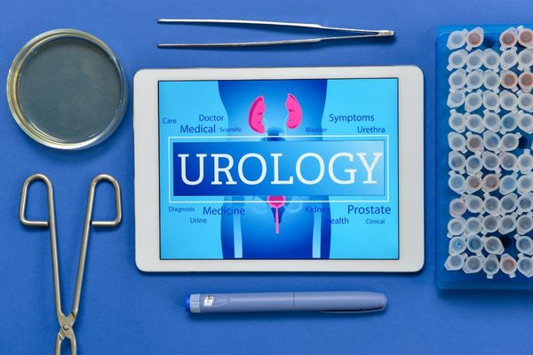iPad screen reading "Urology" surrounded by medical tools for Urology Awareness Month