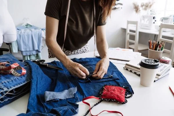 Girl sewing clothing for Use Less Stuff Day