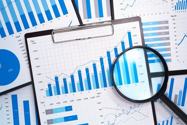 Array of blue graphs with a black magnifying glass for World Statistics Day