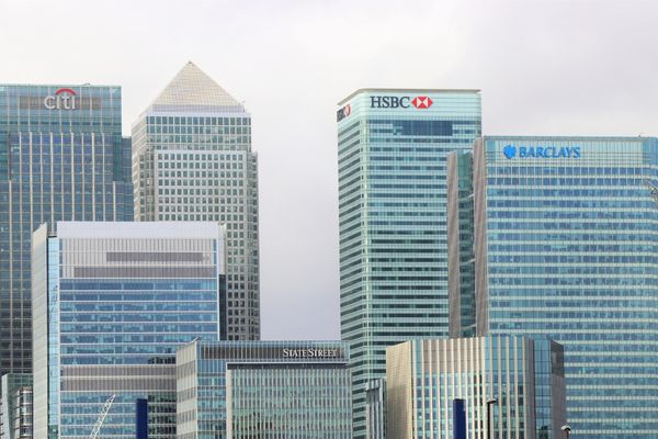 HSBC and Barclays skyscaper buildings for International Day of Banks