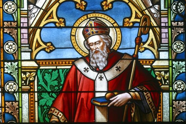 Image of Saint Nicholas in a stained glass window for Saint Nicholas Day