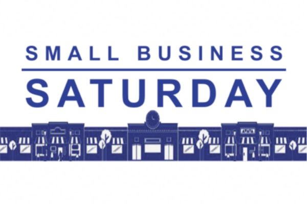 Blue image of town street with text reading "Small Business Saturday"