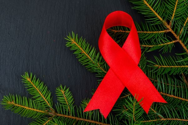 Red ribbon on pine leaves for World Aids Day