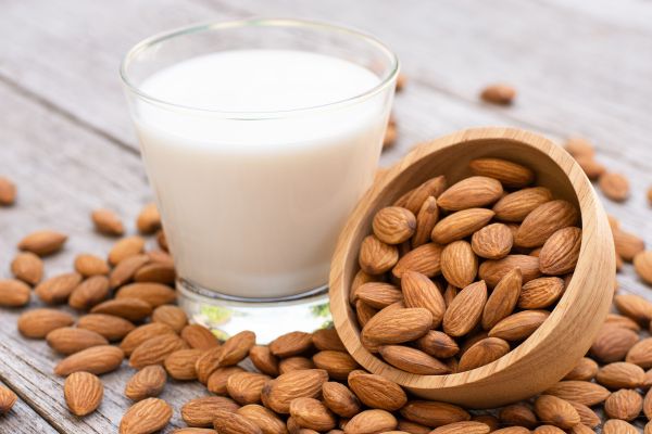 Glass of milk and almonds for World Plant Milk Day