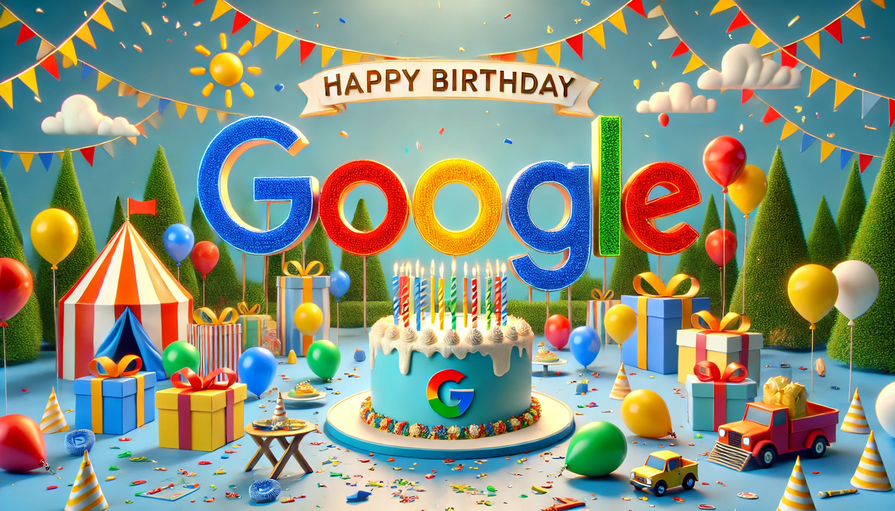 A party scene with a cake for Google's Birthday