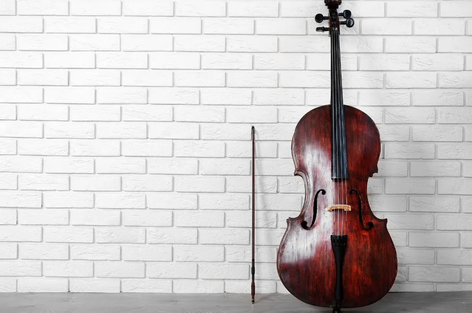 Cello propped against a white brick wall for International Cello Day